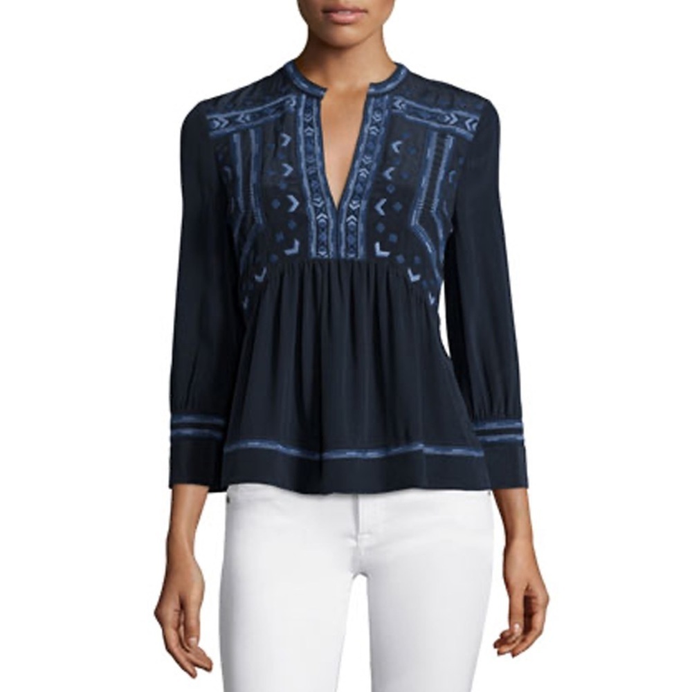 Rebecca Taylor - Long-Sleeve Embroidered Silk Top - Navy